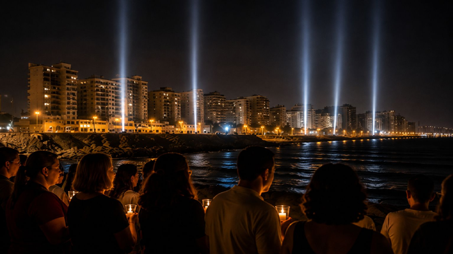 Vigilia frente al litoral iluminado por columnas de luz